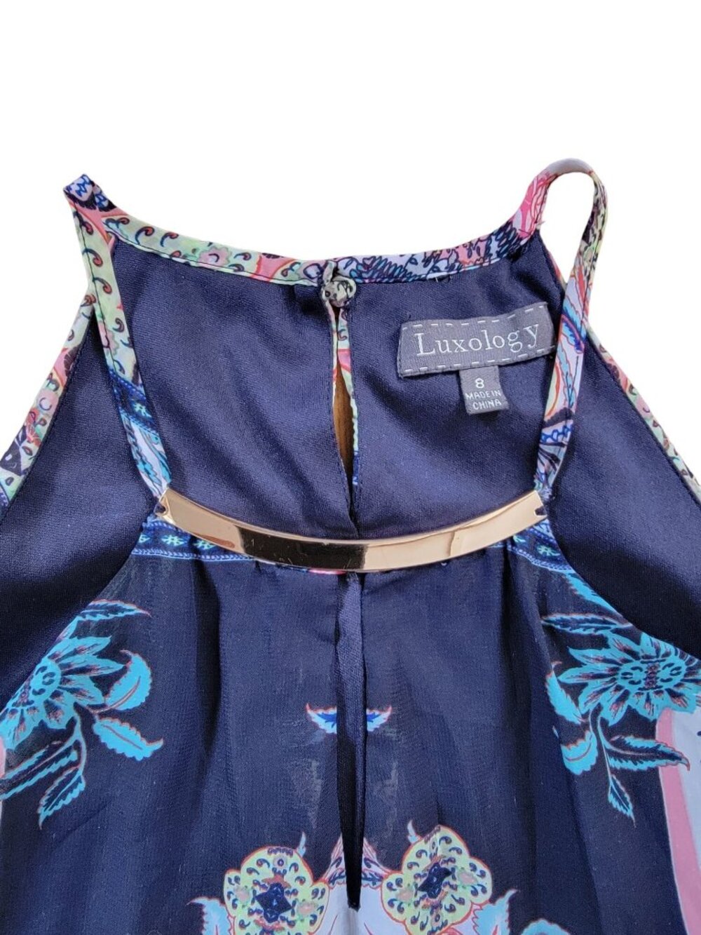 Luxology Womens Dress Sz 8 Boho Floral Halter Neck Gold Bar Accent Lined - Picture 3 of 10